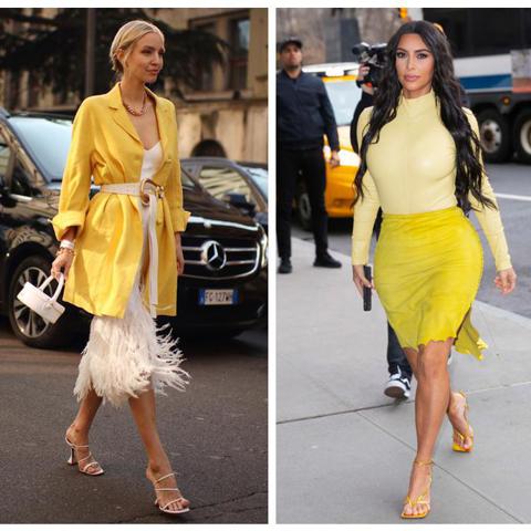 Leonie Hanne, Kim Kardashian y Margots Robbi con prendas en color amarillo
