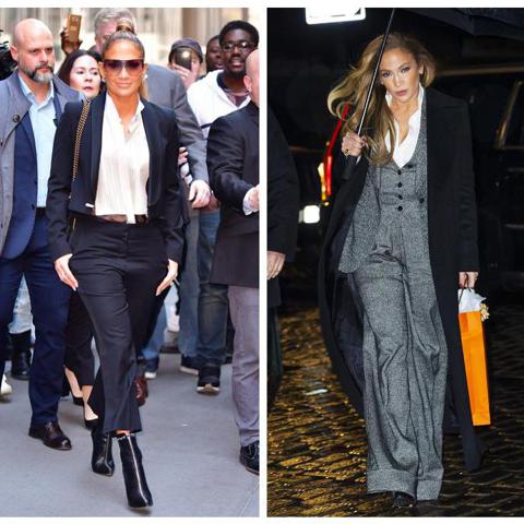 Collage of Jennifer Lopez wearing two-piece suits.