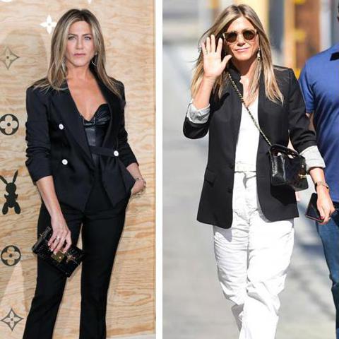 Jennifer Aniston con total looks en blanco y en negro, baggy pants, blazers estructurados y minivestido de cuero
