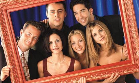 “Friends” cast members Matthew Perry, left, Courteney Cox, Matt LeBlanc, Lisa Kudrow, David Schwimmer and Jennifer Aniston in an early publicity photo when the series launched in 1994.