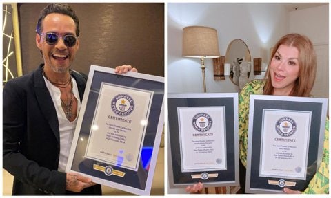 Olga Tañón and Marc Anthony holding their third GUINNESS WORLD RECORDS title for the most Premio Lo Nuestro nominations and winnings.