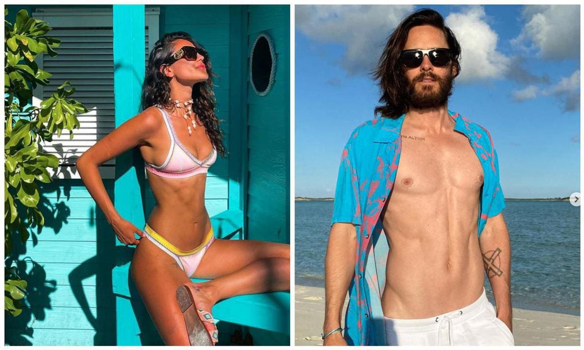 Eiza Gonzalez posing in a bikini at a beach house and Jared Leto on vacation
