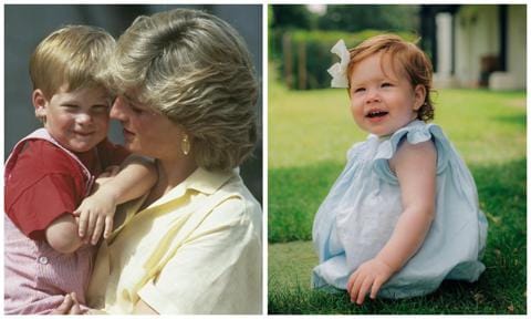 Harry en brazos de la princesa Diana y la pequeña Lilibet