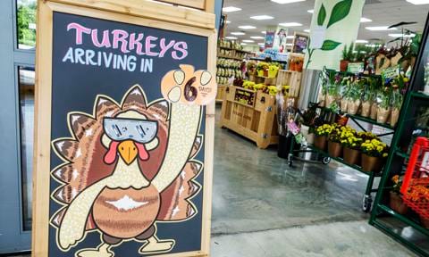 Miami Beach, Florida, Trader Joe's grocery store, chalkboard sign promoting turkeys arriving soon